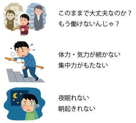 このままでだいじょうぶなのか？
もう働けないんじゃ？

たいりょく、きりょくがもたない。
しゅうちゅうりょくももたない。

夜に眠れない。
朝、おきられない。